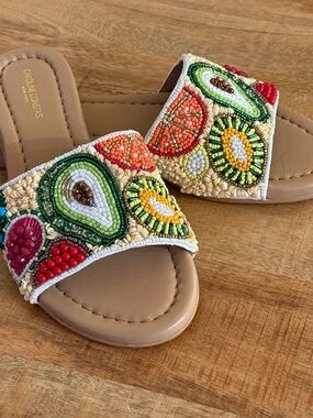 Beaded Fruit Sandals Slides Avocado Citrus Strawberry Vacation Size 7 NWT